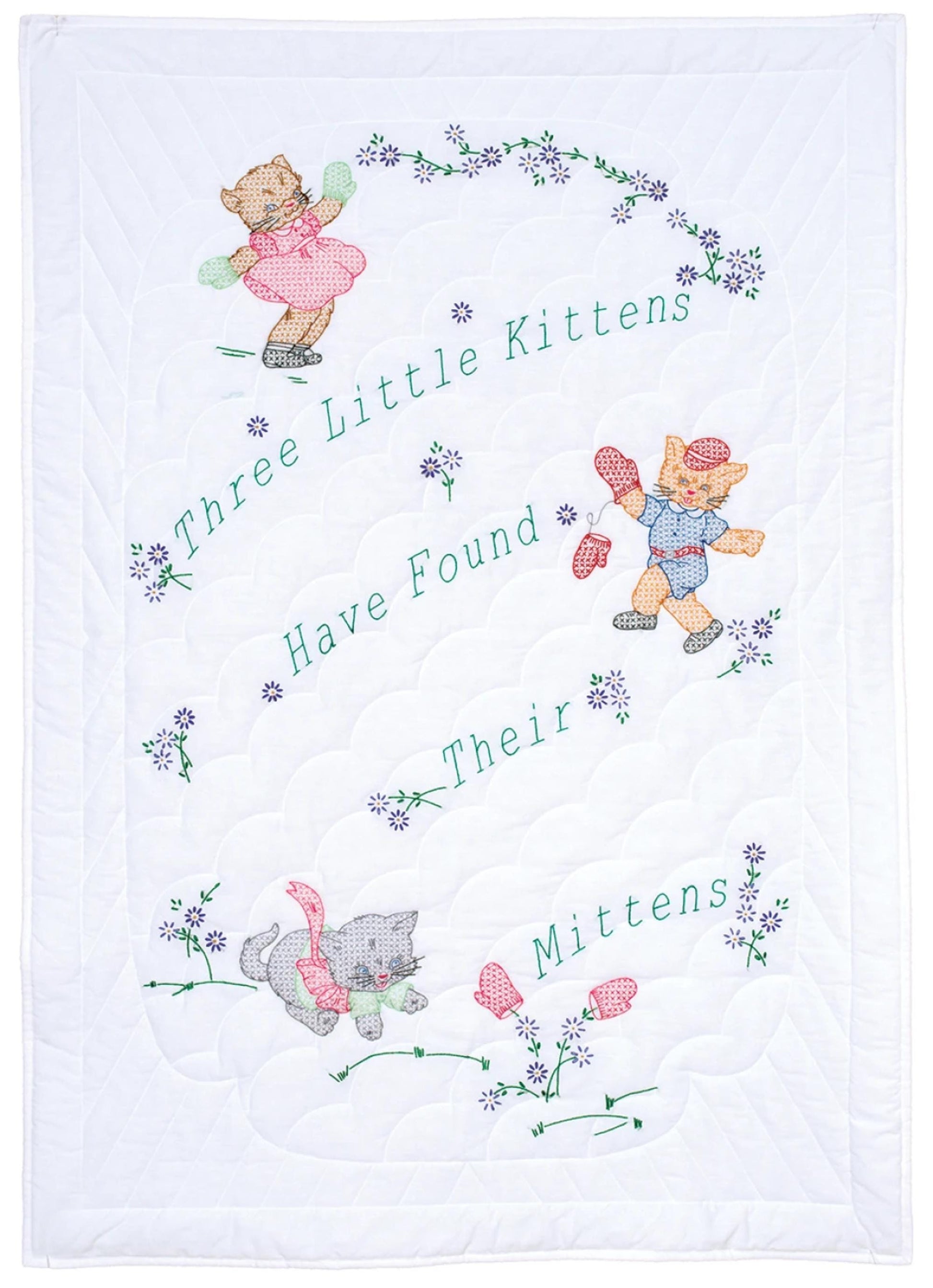 Three Little Kittens Crib Quilt Pre-Printed Embroidery Fabric Jack Dempsey Adorable Kittens with Mittens and Florals For Granddaughter
