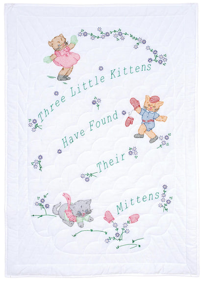 Three Little Kittens Crib Quilt Pre-Printed Embroidery Fabric Jack Dempsey Adorable Kittens with Mittens and Florals For Granddaughter