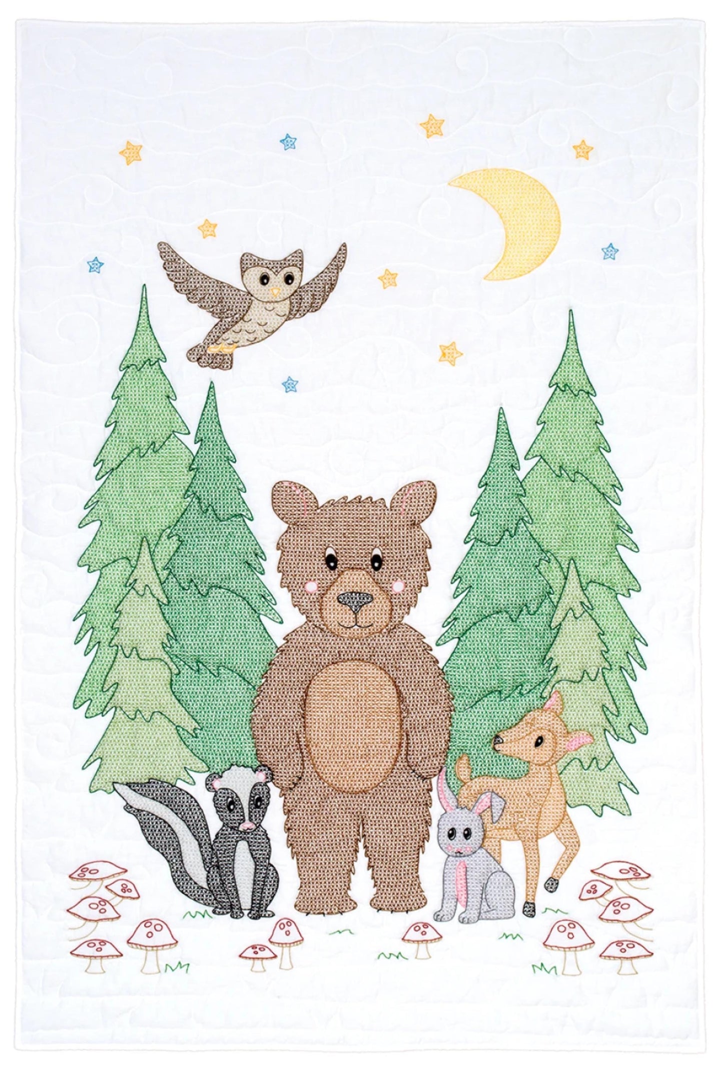 Woodland Bear Crib Quilt Pre-Printed Embroidery Fabric Jack Dempsey Bear Skunk Deer Rabbit and Owl For Grandchild Grandson or Granddaughter