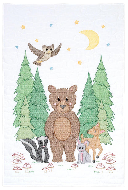 Woodland Bear Crib Quilt Pre-Printed Embroidery Fabric Jack Dempsey Bear Skunk Deer Rabbit and Owl For Grandchild Grandson or Granddaughter