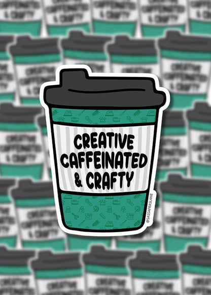 Craft and Coffee Lovers Vinyl Decal Sticker Coffee Cup Creative Caffeinated Crafty Quilt Lover Gift Laptop Sewing Machine Water Bottle Decal