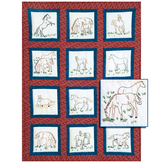 Horses Themed Pre-Printed Embroidery Quilt Blocks - Jack Dempsey - 12 - 9" Quilt Blocks #737-342