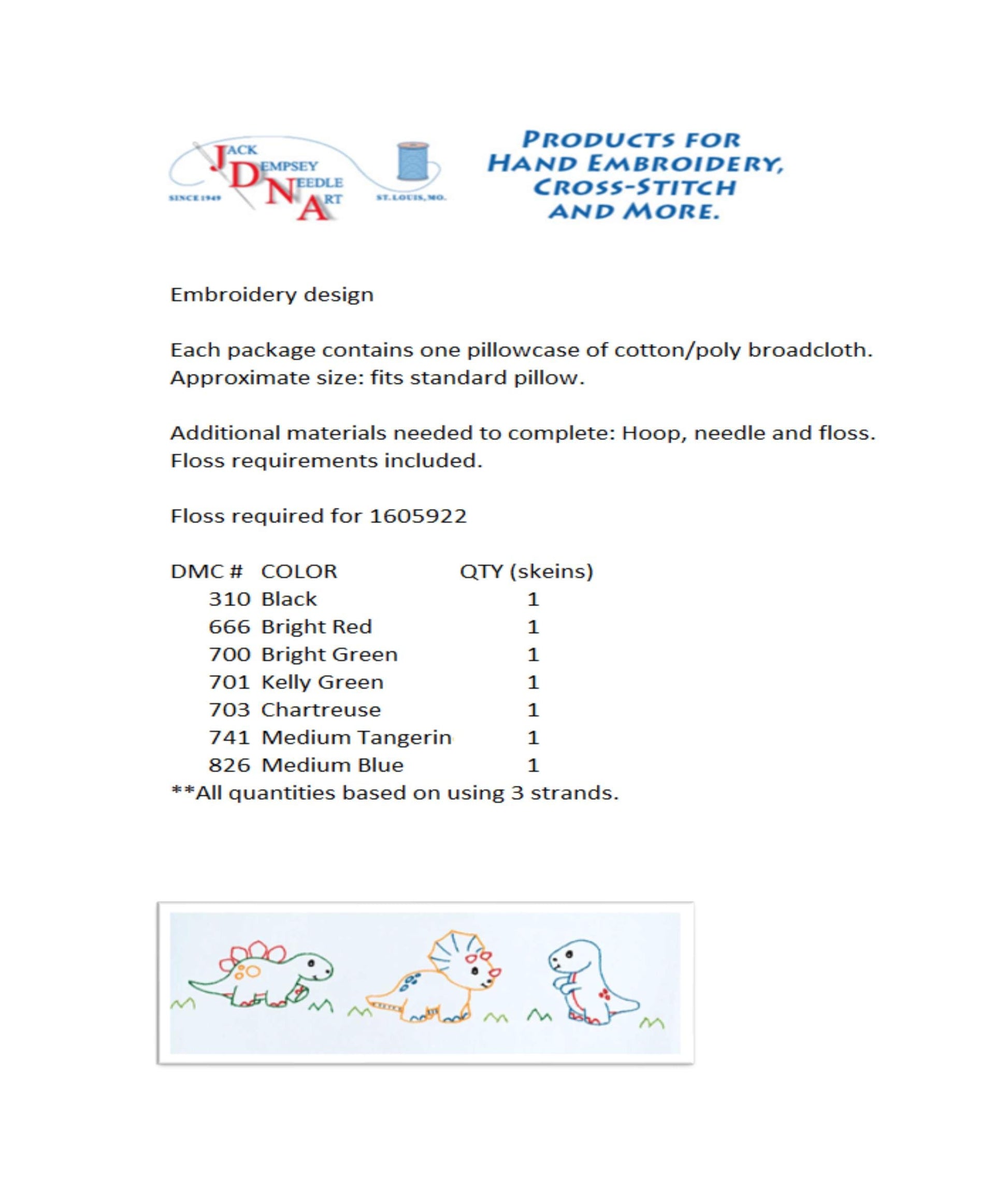 Dinosaur Pre-Printed Embroidery Pillow Case - Jack Dempsey - 1 Standard Sized Pillow Case 1605-922