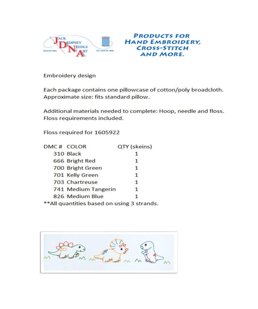 Dinosaur Pre-Printed Embroidery Pillow Case - Jack Dempsey - 1 Standard Sized Pillow Case 1605-922