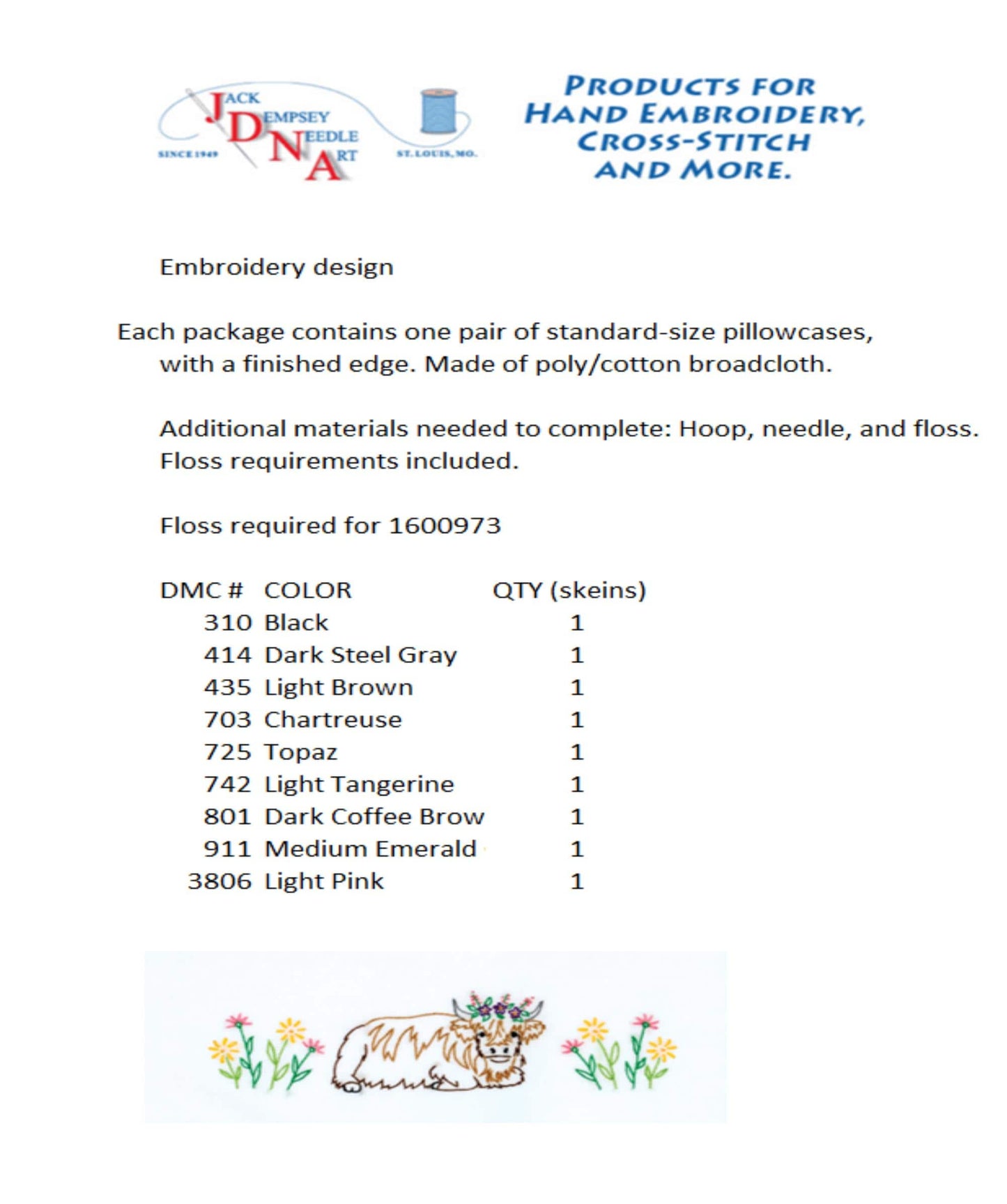 Highland Cow Themed Pre-Printed Embroidery Pillow Cases - Jack Dempsey - 2 Standard Sized Pillow Cases 1600-973