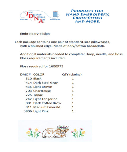 Highland Cow Themed Pre-Printed Embroidery Pillow Cases - Jack Dempsey - 2 Standard Sized Pillow Cases 1600-973