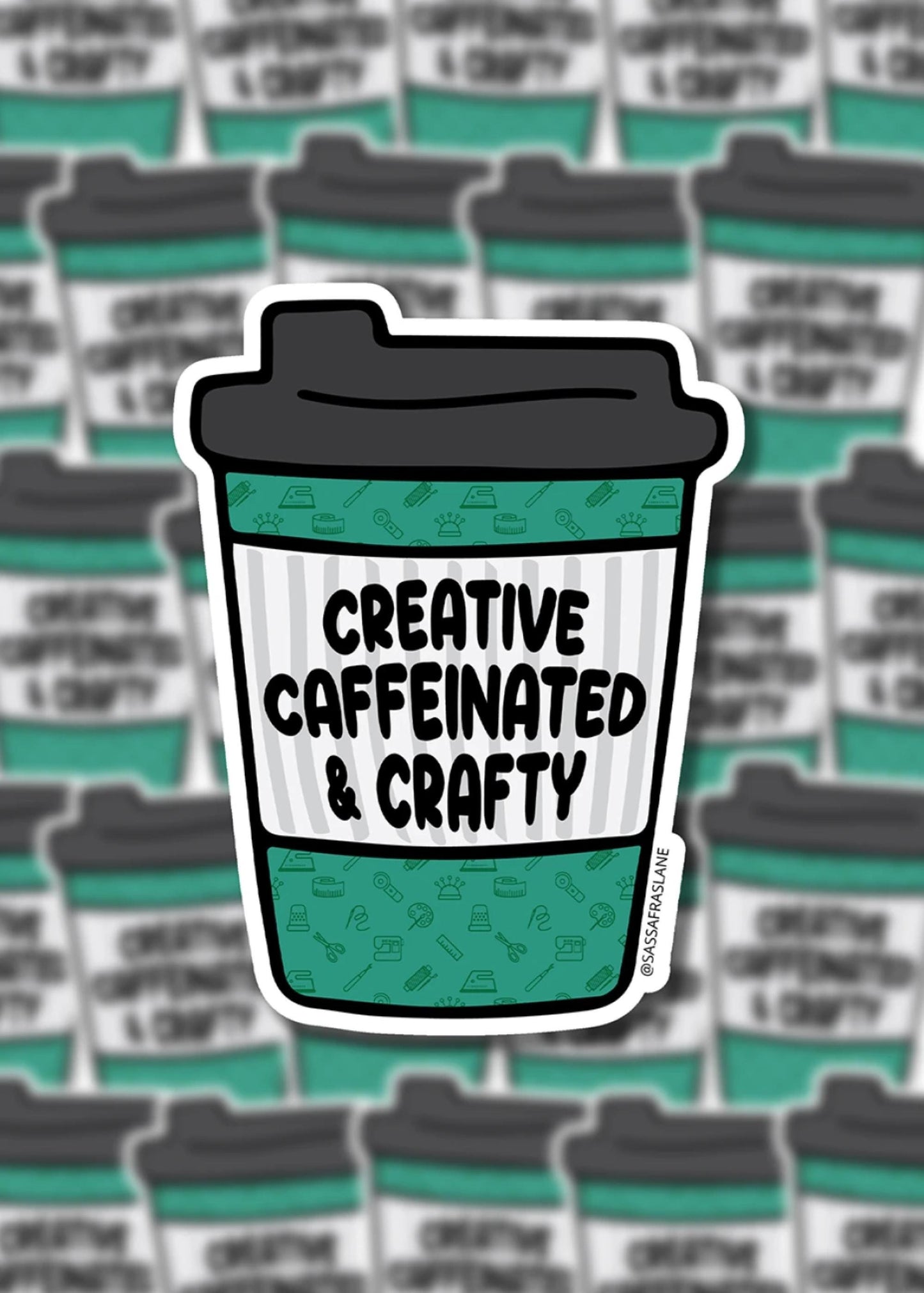 Craft and Coffee Lovers Vinyl Decal Sticker Coffee Cup Creative Caffeinated Crafty Quilt Lover Gift Laptop Sewing Machine Water Bottle Decal
