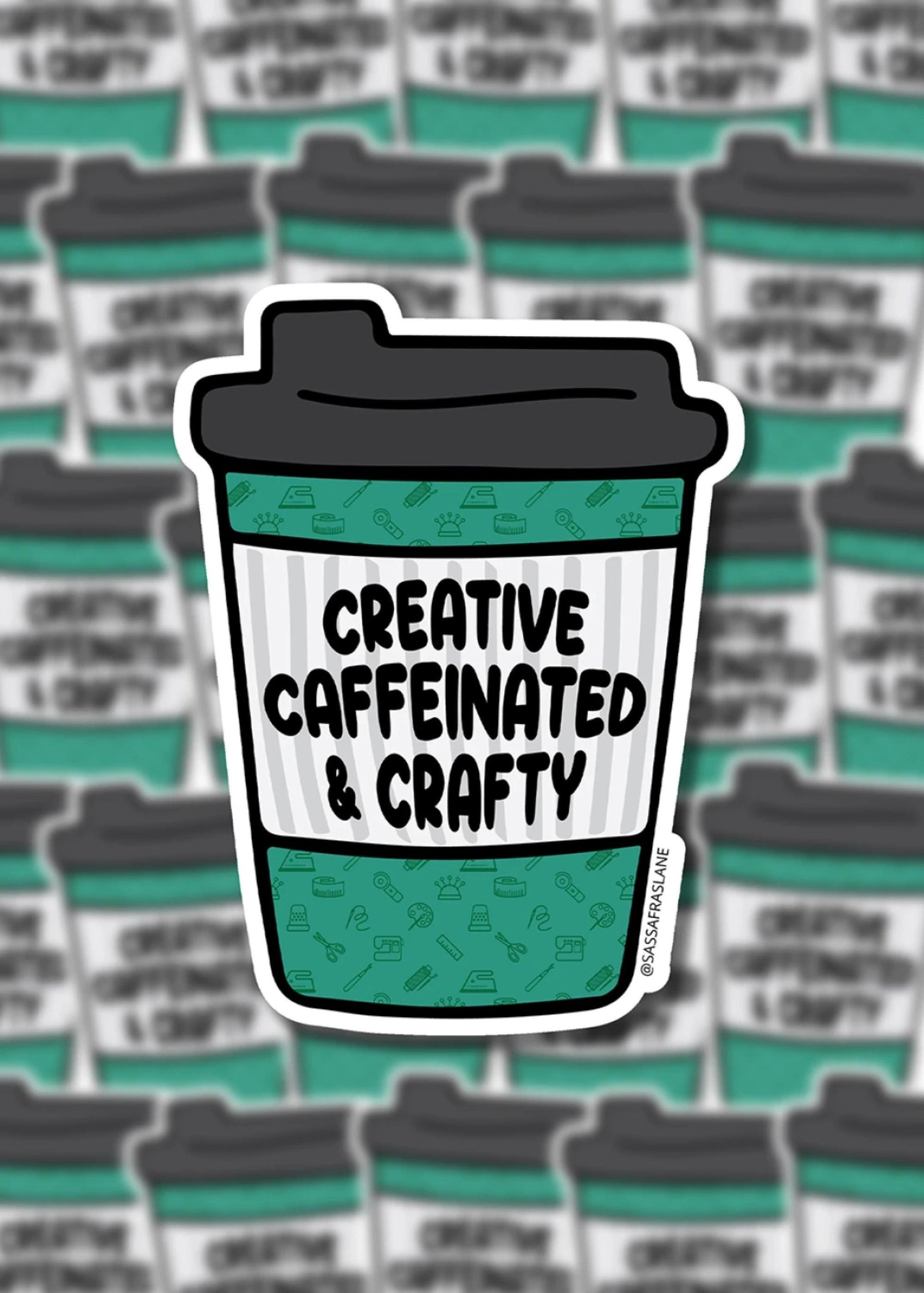 Craft and Coffee Lovers Vinyl Decal Sticker Coffee Cup Creative Caffeinated Crafty Quilt Lover Gift Laptop Sewing Machine Water Bottle Decal