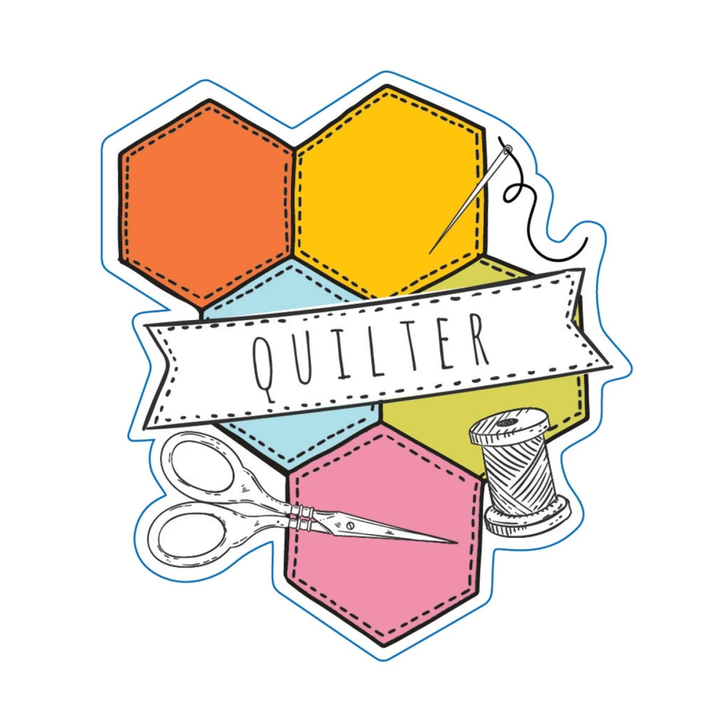 Quilter Vinyl Sticker: Hexi quilt with Scissors, Needle and Thread Quilt Lover Gift