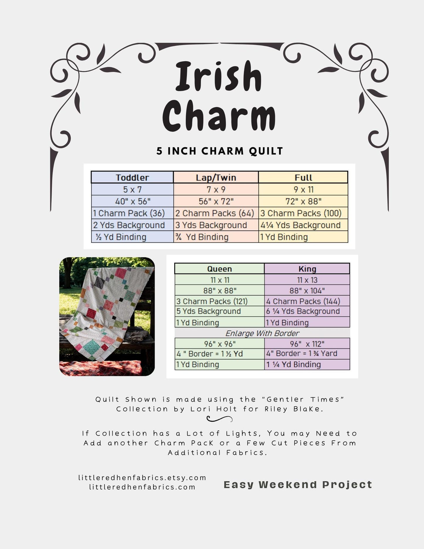 Irish Charm Quilt Kit Pre Cut Kit with Charm Squares and a Paper Pattern Easy Beginner Project Traditional Quilt