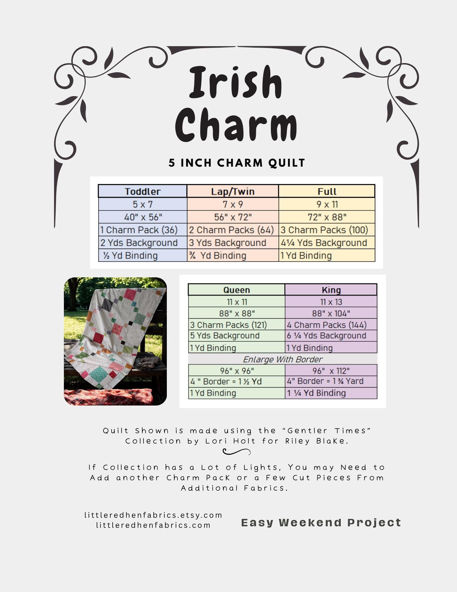 Irish Charm Quilt Kit Pre Cut Kit with Charm Squares and a Paper Pattern Easy Beginner Project Traditional Quilt