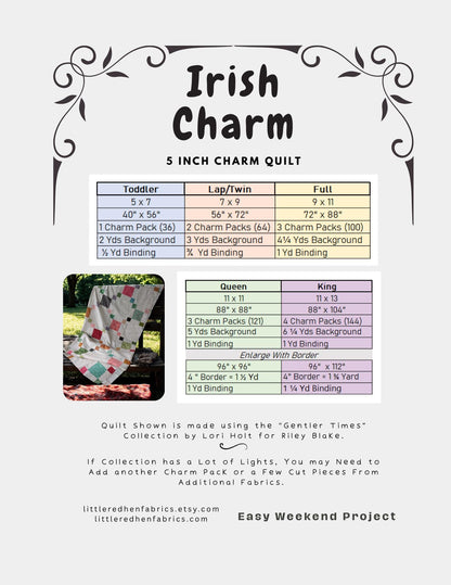 Irish Charm Quilt Kit Pre Cut Kit with Charm Squares and a Paper Pattern Easy Beginner Project Traditional Quilt
