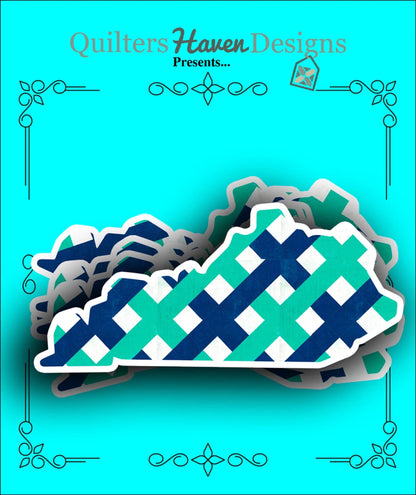 Kentucky Patchwork XL Vinyl Sticker - Quilt Look Kentucky Shape Blue and Aqua Quilting Lover Gift Big 4.5 inch