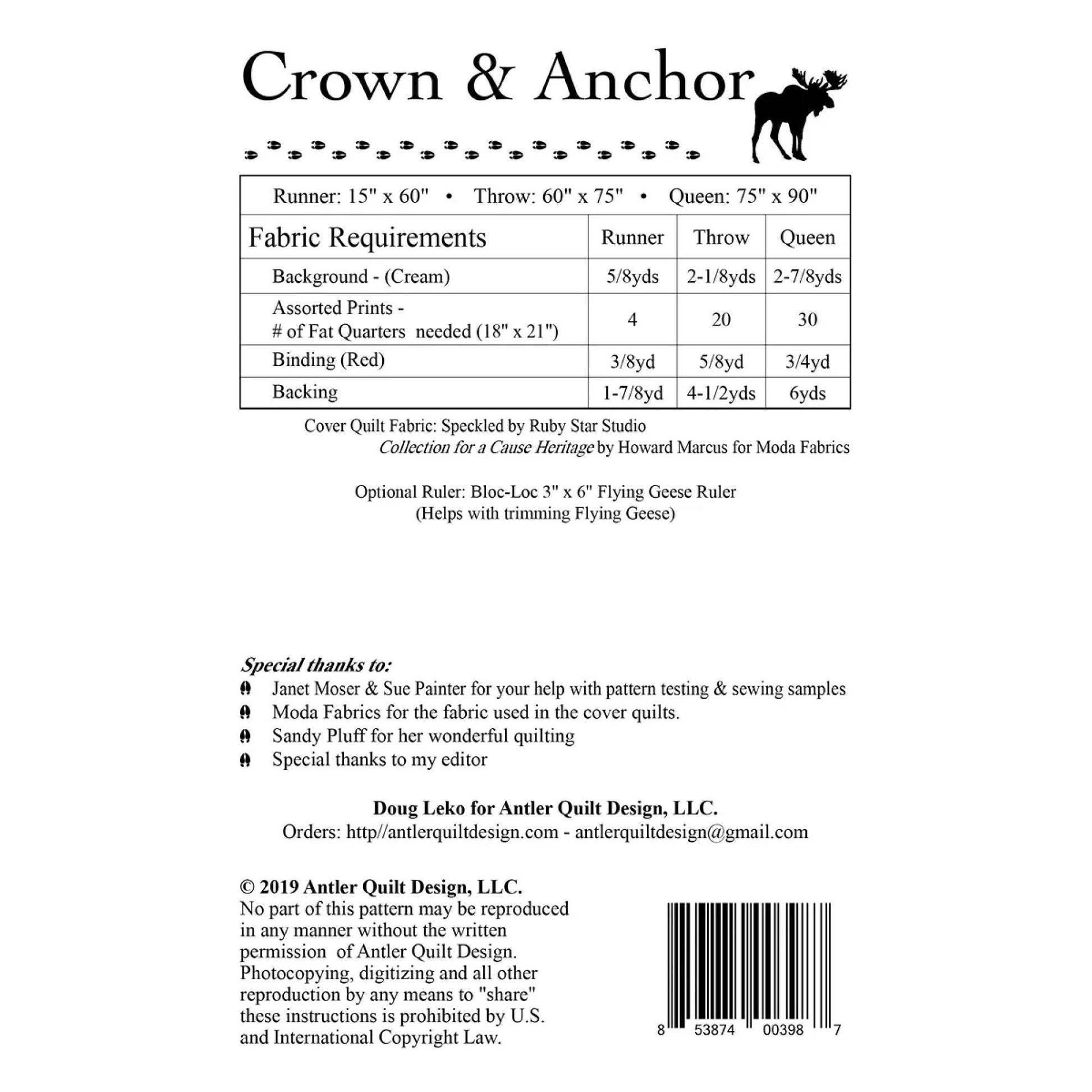 Crown & Anchor Quilt Pattern by Doug Leko Runner Throw or Queen Size Big Easy Blocks Antler Quilt Design