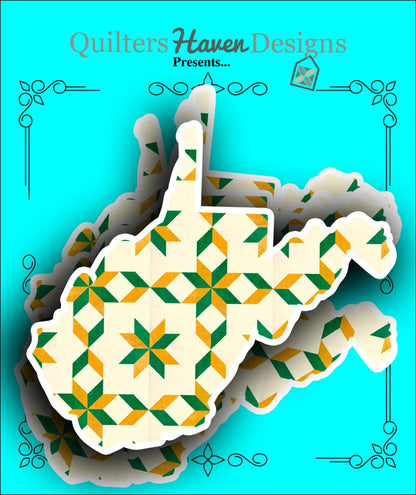 West Virginia XL Vinyl Sticker - Green and Gold Quilt Look West Virginia Shape Quilting Lover Gift 4.5 inch