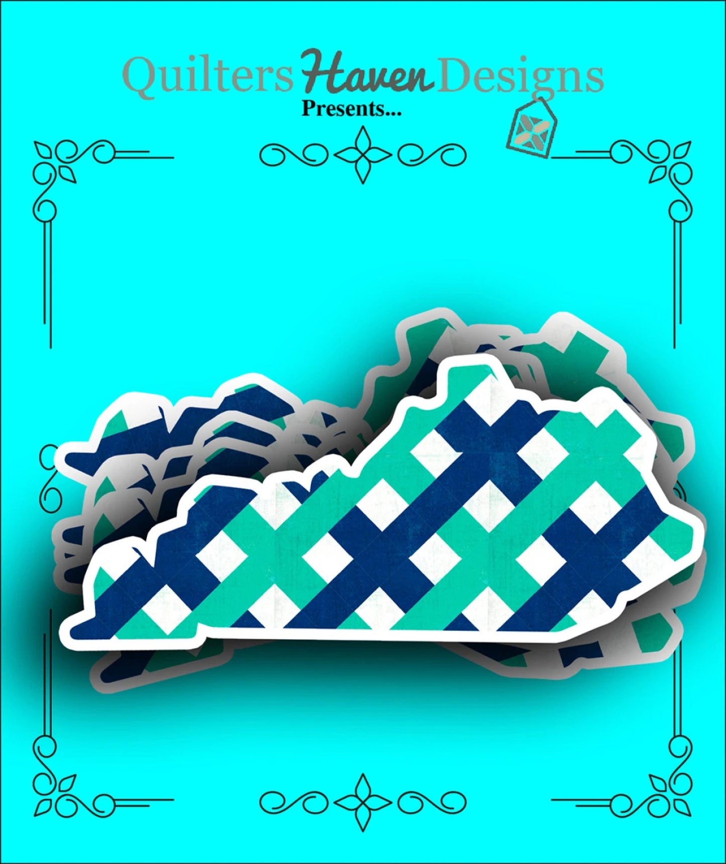 Kentucky Patchwork XL Vinyl Sticker - Quilt Look Kentucky Shape Blue and Aqua Quilting Lover Gift Big 4.5 inch