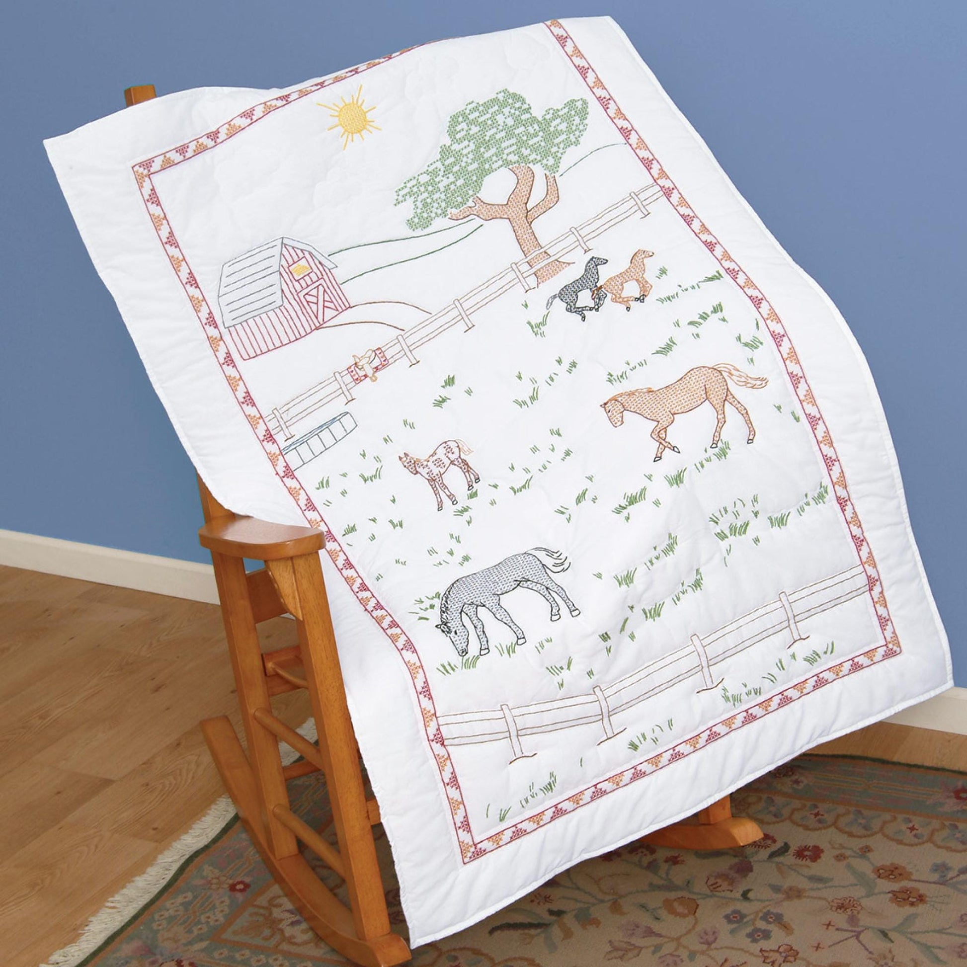 Field of Horses Lap Quilt Pre-Printed Embroidery Fabric Jack Dempsey For Grandchild Grandson or Granddaughter Horse Lover Foal Barn Fence