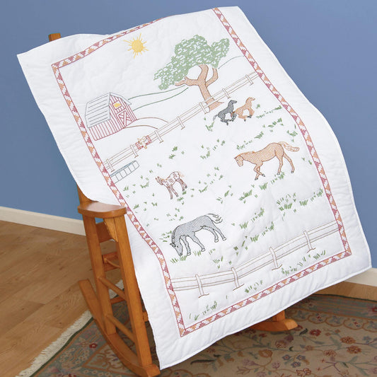 Field of Horses Lap Quilt Pre-Printed Embroidery Fabric Jack Dempsey For Grandchild Grandson or Granddaughter Horse Lover Foal Barn Fence