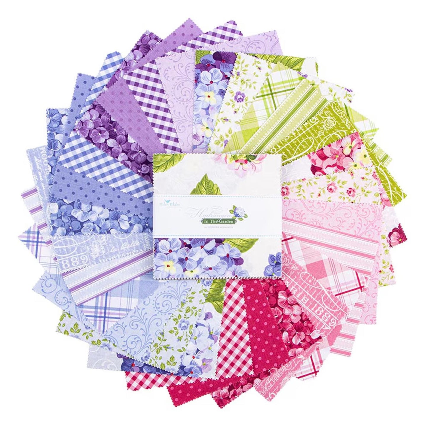 Hydrangeas in the Garden Purple Charm Pack 5 Inch Stacker Jennifer Bosworth for Riley Blake Some Pearlized 42 5 Inch Squares Feminine