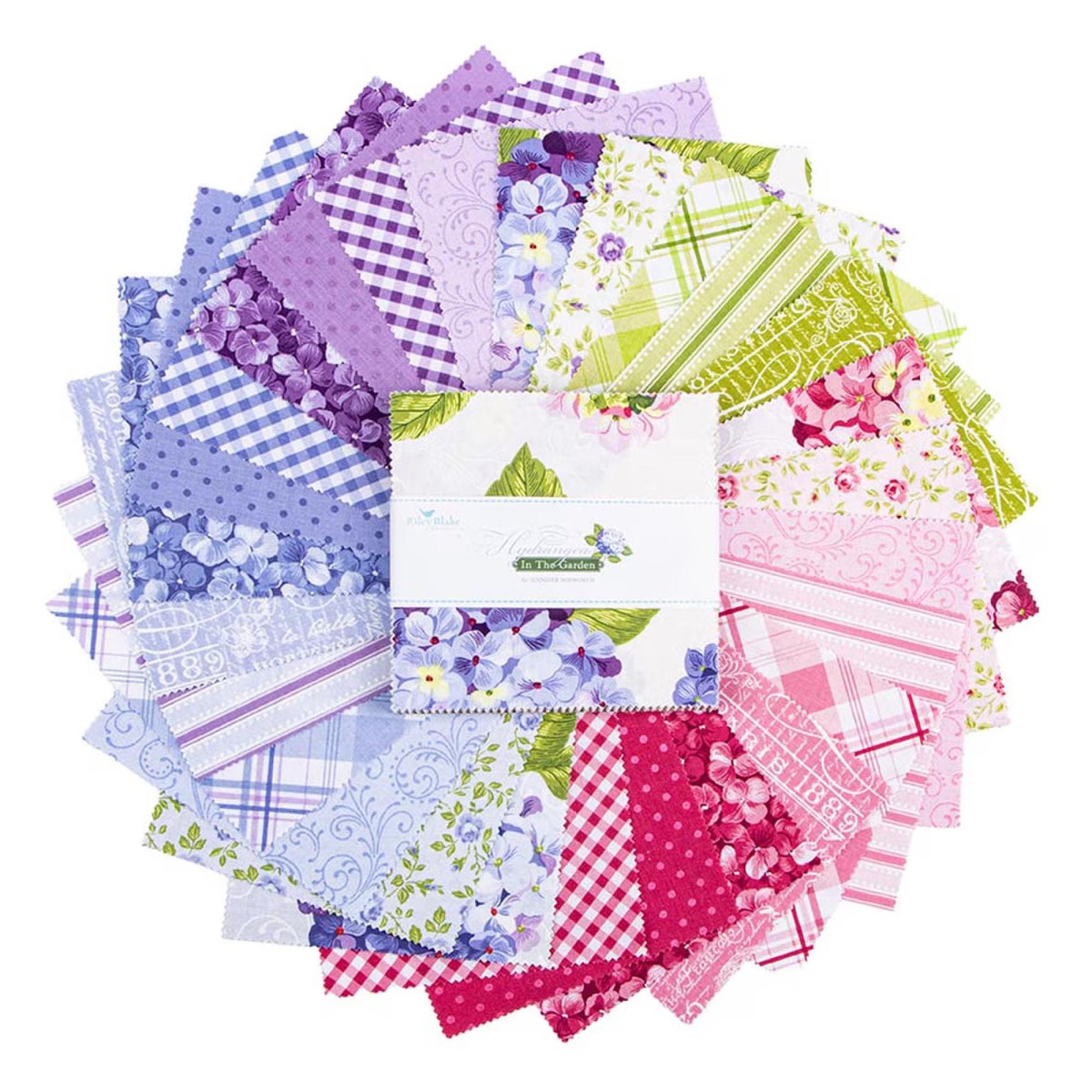 Hydrangeas in the Garden Purple Charm Pack 5 Inch Stacker Jennifer Bosworth for Riley Blake Some Pearlized 42 5 Inch Squares Feminine