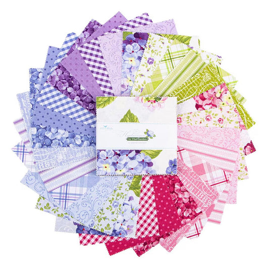 Hydrangeas in the Garden Purple Charm Pack 5 Inch Stacker Jennifer Bosworth for Riley Blake Some Pearlized 42 5 Inch Squares Feminine