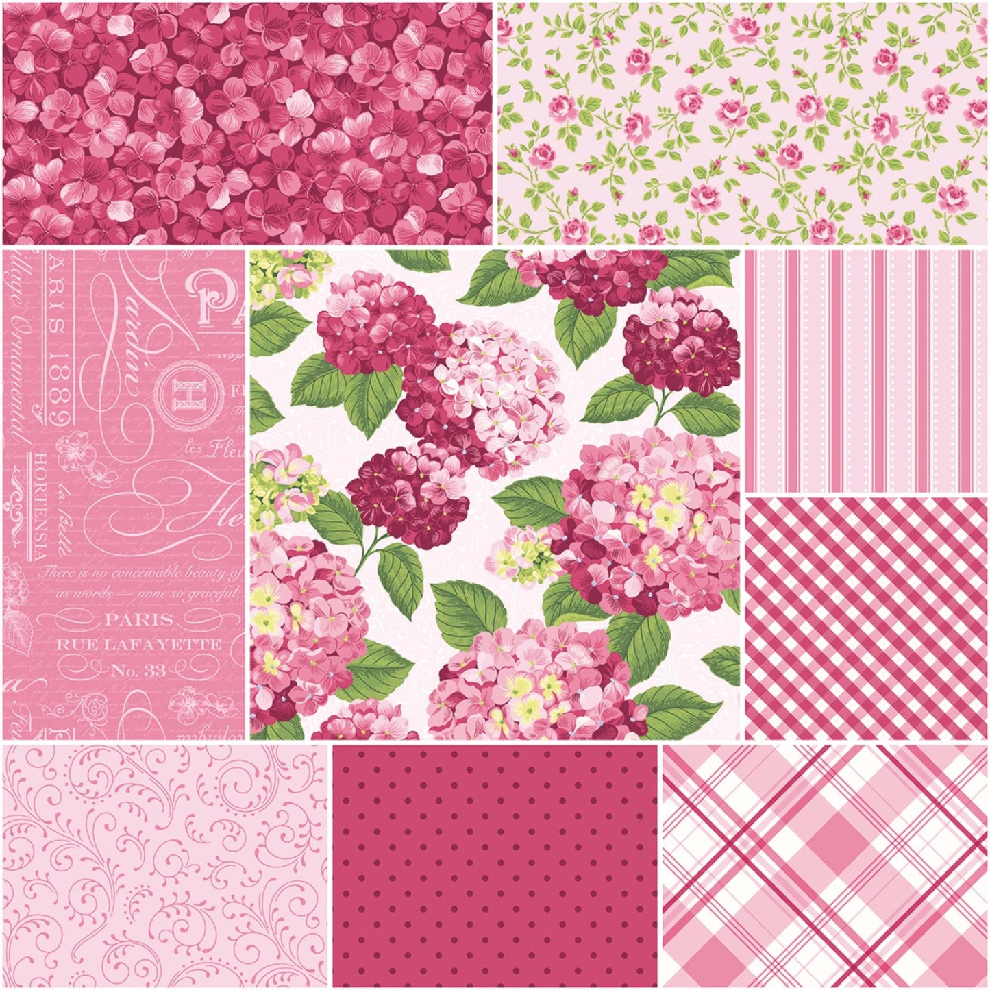 Hydrangeas in the Garden Purple Charm Pack 5 Inch Stacker Jennifer Bosworth for Riley Blake Some Pearlized 42 5 Inch Squares Feminine