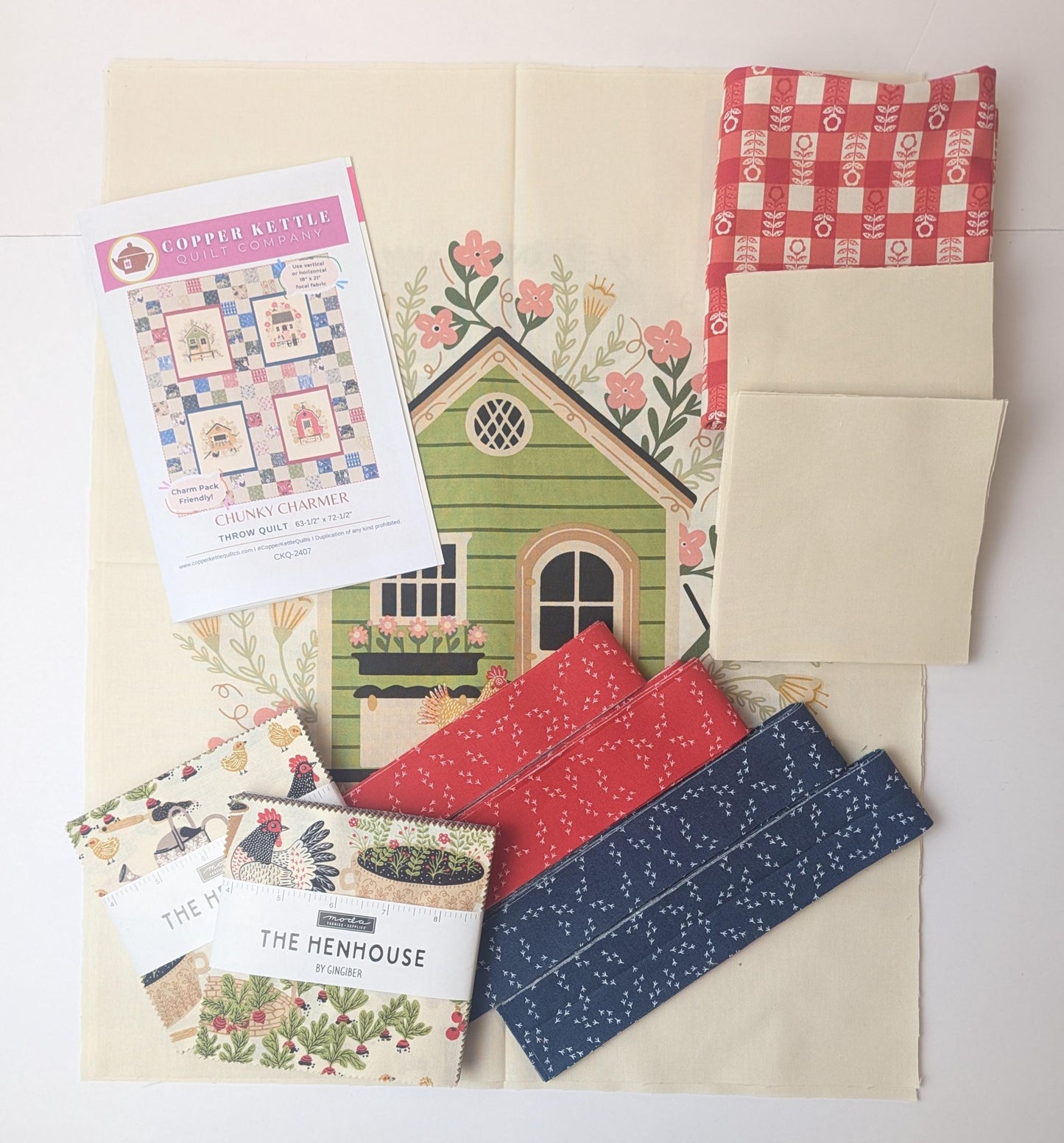 Chunky Charmer Pre Cut Quilt Kit Featuring The Henhouse by Gingiber for Moda Hens and Gingham Farm Chicken Fabrics Exactly as Pattern Shown