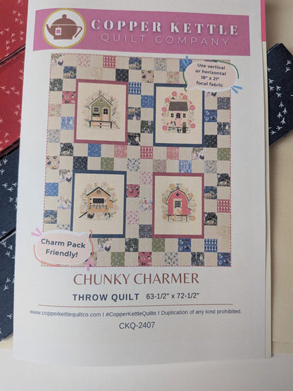 Chunky Charmer Pre Cut Quilt Kit Featuring The Henhouse by Gingiber for Moda Hens and Gingham Farm Chicken Fabrics Exactly as Pattern Shown