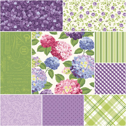 Hydrangeas in the Garden Purple Charm Pack 5 Inch Stacker Jennifer Bosworth for Riley Blake Some Pearlized 42 5 Inch Squares Feminine