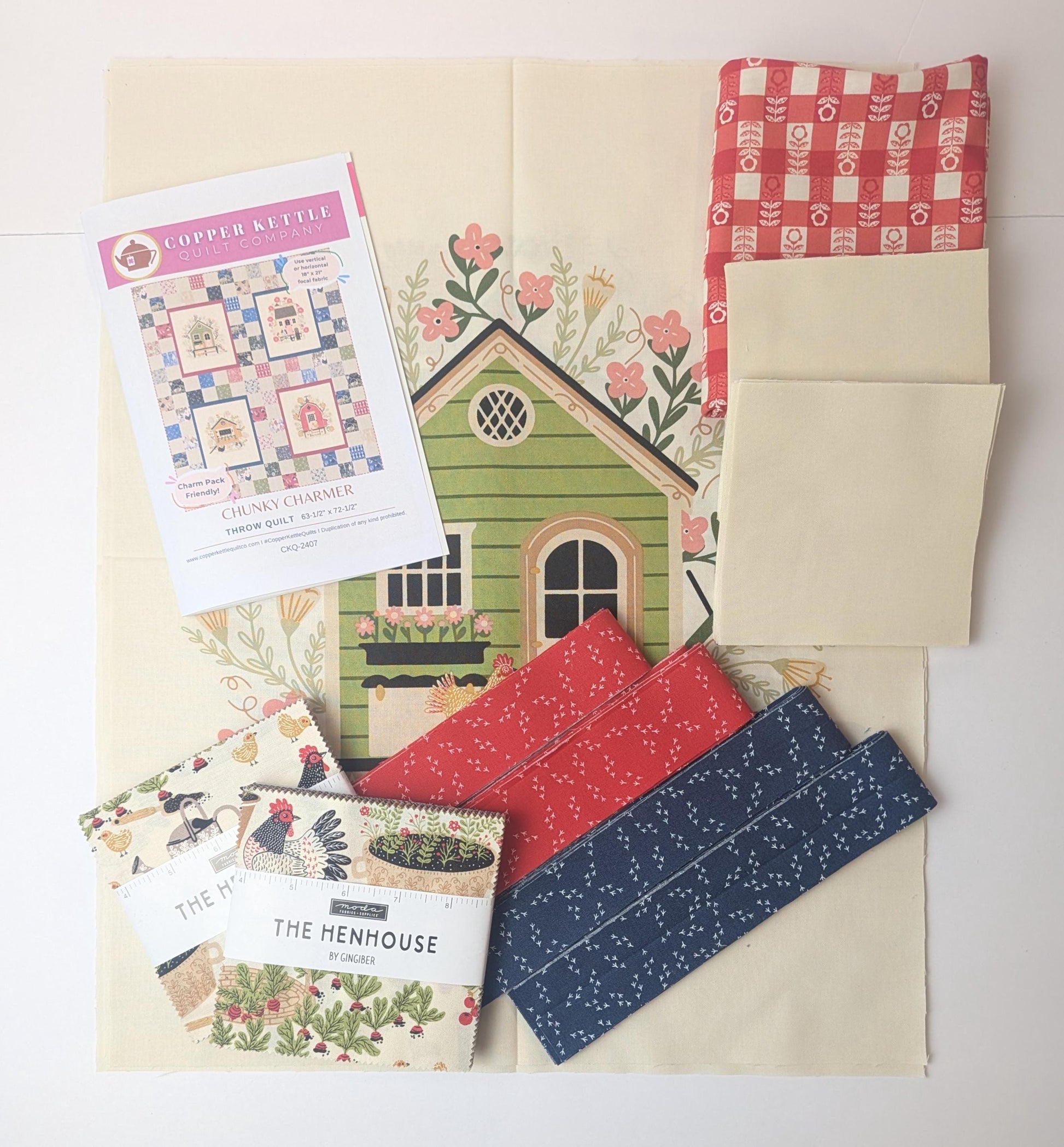 Chunky Charmer Pre Cut Quilt Kit Featuring The Henhouse by Gingiber for Moda Hens and Gingham Farm Chicken Fabrics Exactly as Pattern Shown